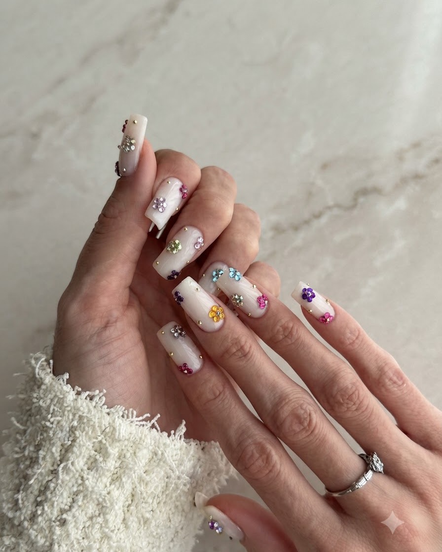 Close-up of thumb and index finger highlighting delicate daisy placement near the cuticle zones.