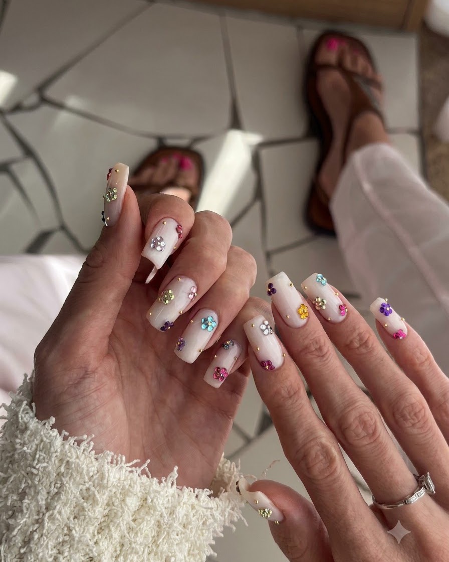 A close-up view of a right hand showcasing glossy, nude-based square nails decorated with colorful crystal flowers and tiny gold beads.
