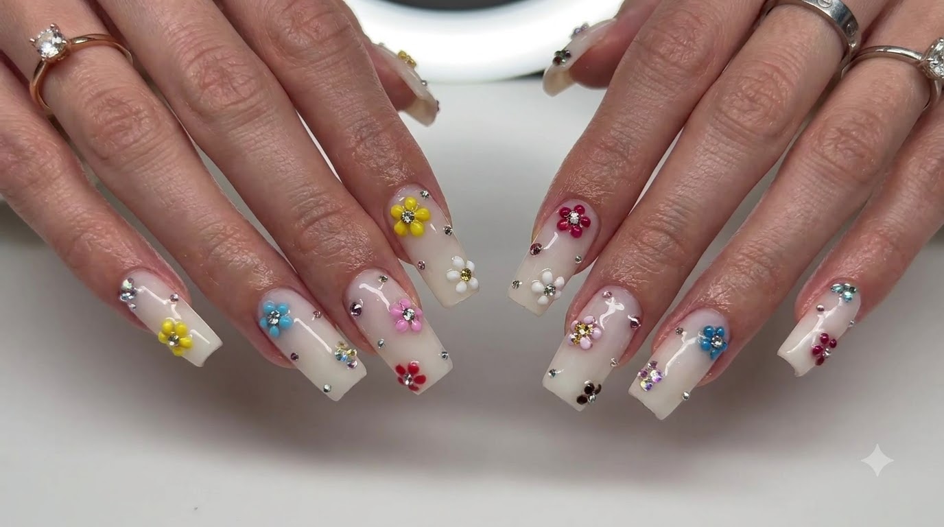Milky White Press-on Nails with Multi-colored 3D Daisy Flowers and Rhinestones — Step-by-Step Guide