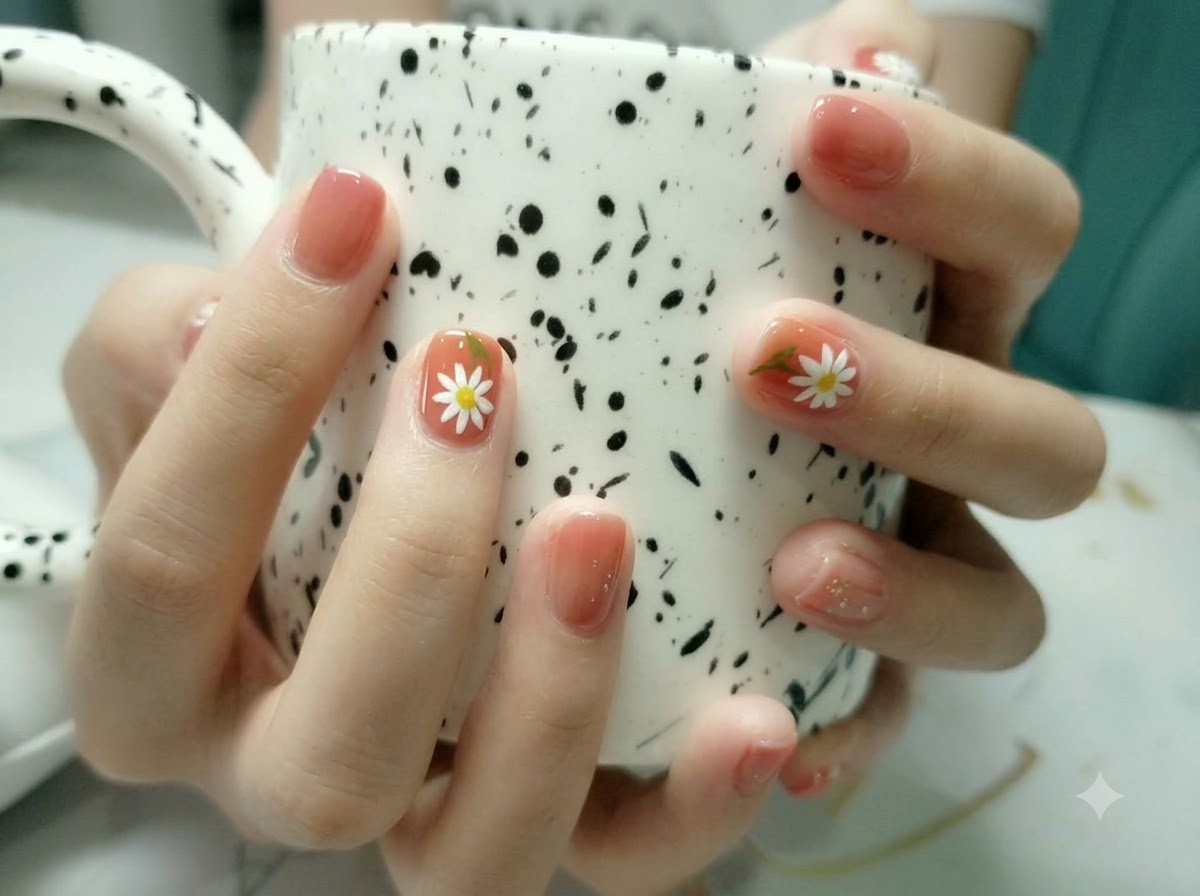 Close-up of hands holding a ceramic mug, highlighting the smooth two-tone gradient base coat on the fingernails.