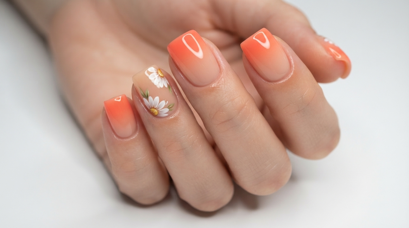 Short square nails featuring a warm two-tone gradient base and a hand-painted white daisy accent nail.