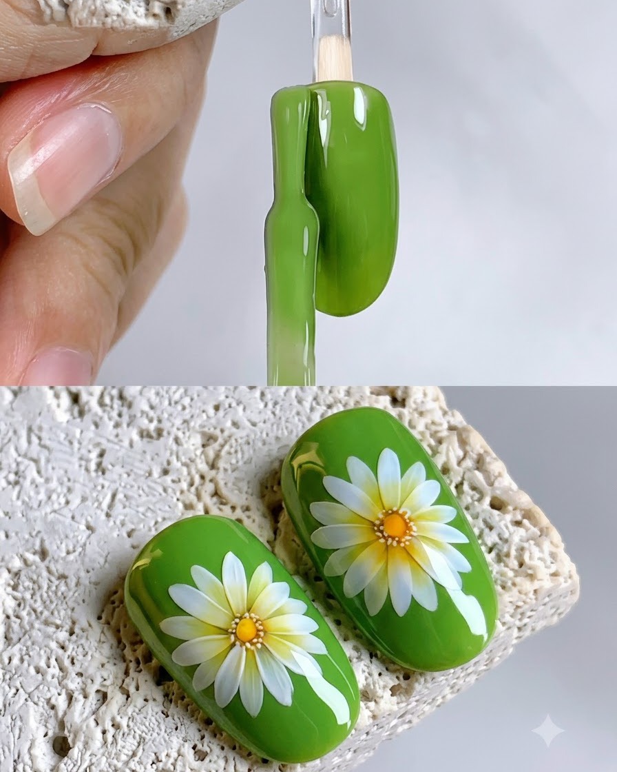A nail brush applying vibrant green gel polish onto the surface of an oval-shaped nail swatch.