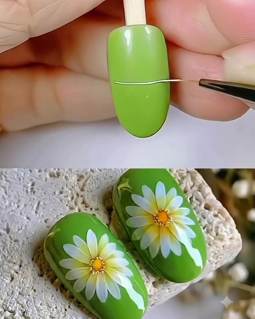 A fine liner brush drawing a thin, delicate horizontal line across a green gel-coated nail.