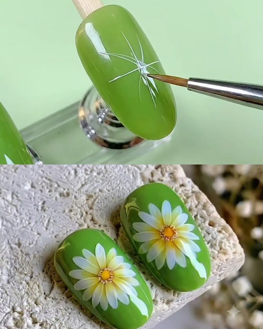 A fine brush painting elongated white petal strokes radiating from a center point on a green nail.