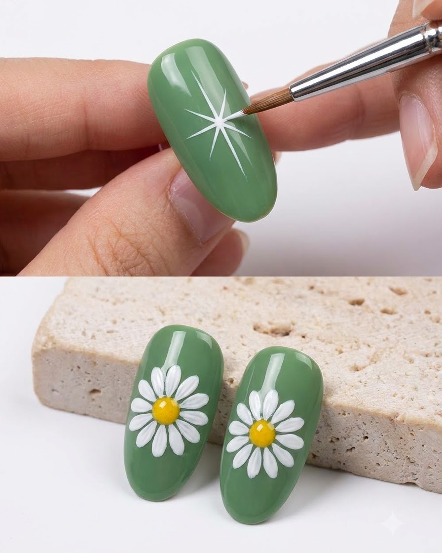 A nail brush adding additional overlapping white petals to enhance the fullness of a painted daisy.