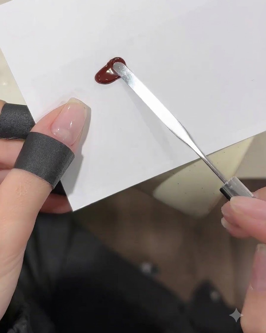 A metal spatula smoothing a dollop of deep wine red gel across a white palette sheet.