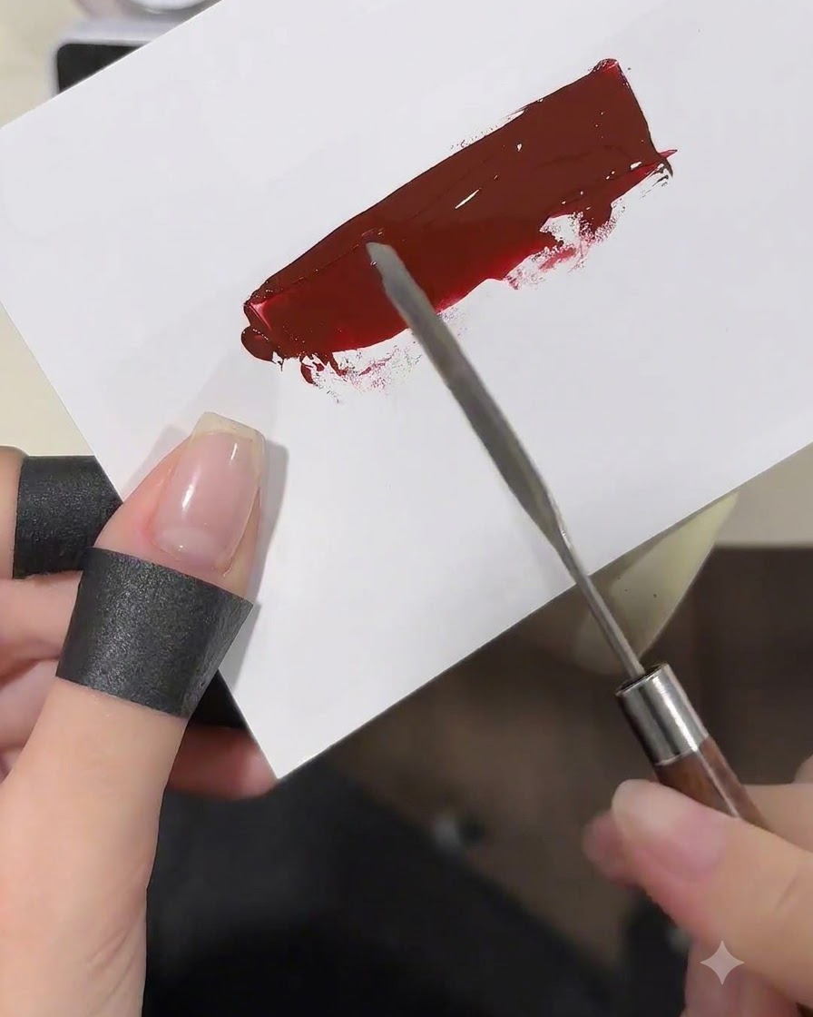 A makeup sponge tapping into a smooth layer of wine red gel on a white palette.
