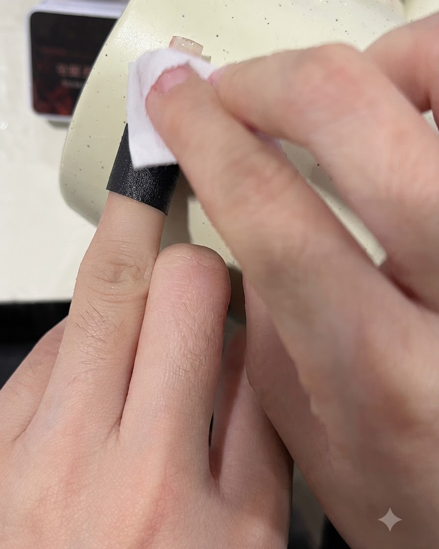 A cotton pad wiping the surface of a cured nail to remove the sticky inhibition layer.