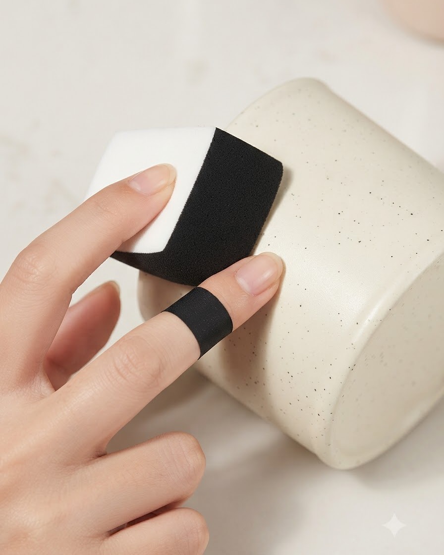 A makeup sponge pressing dark wine red color onto a nail to create a gradient effect.