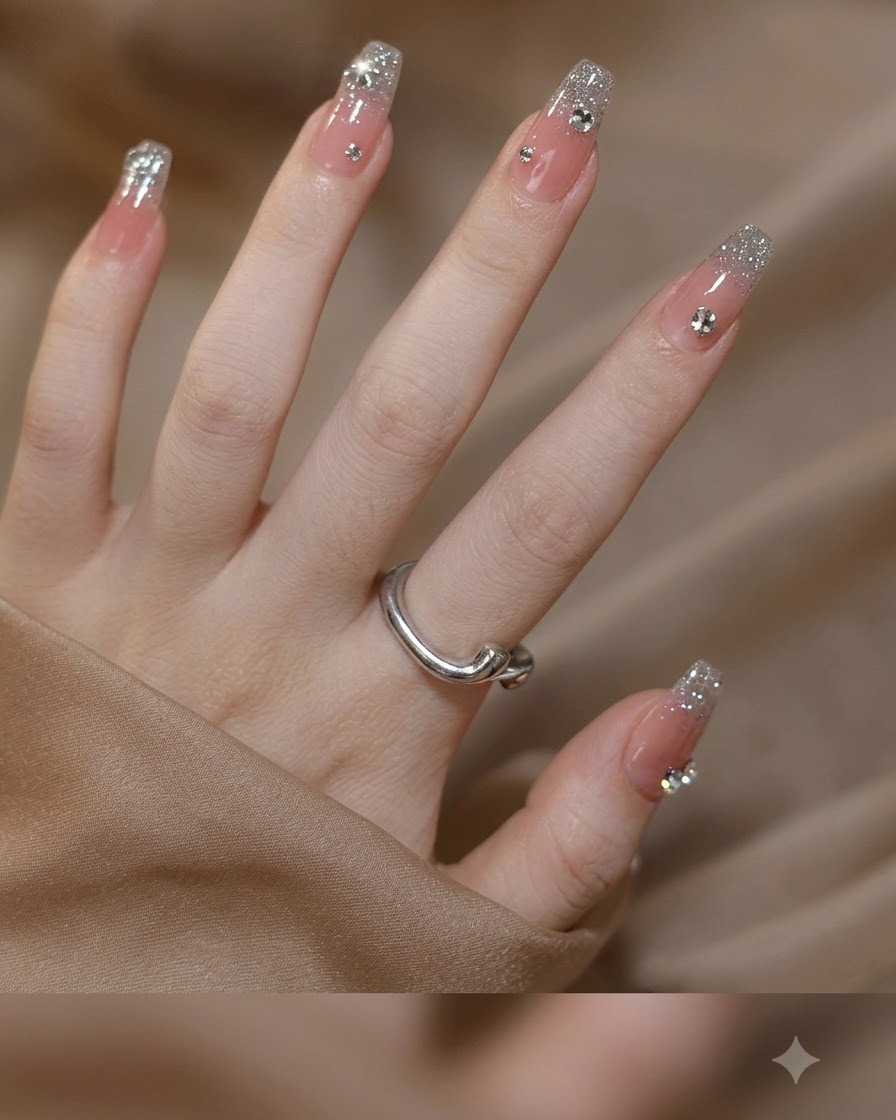 Close-up of a hand with square gel nails showing a translucent nude base and fine silver glitter tips.
