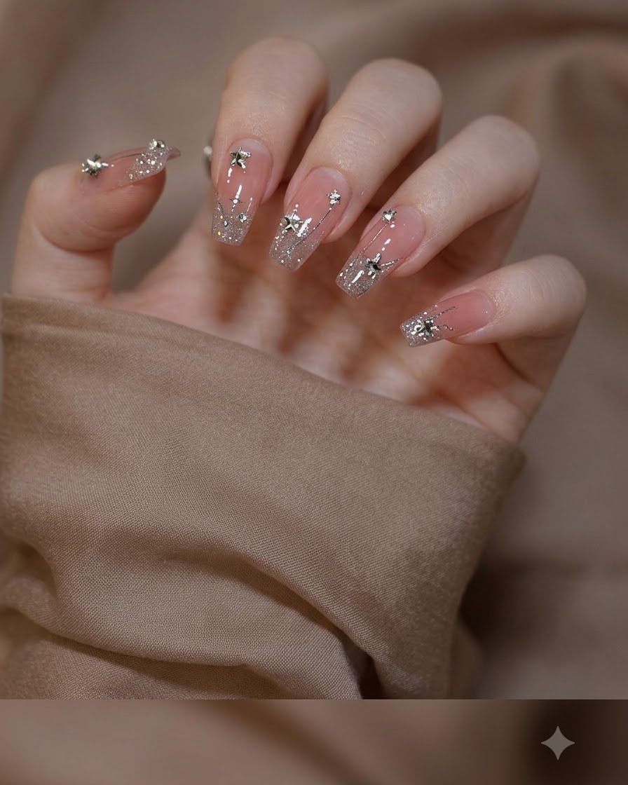 A close-up view of fingernails adorned with scattered silver star charms and tiny crystals over a glitter gradient.