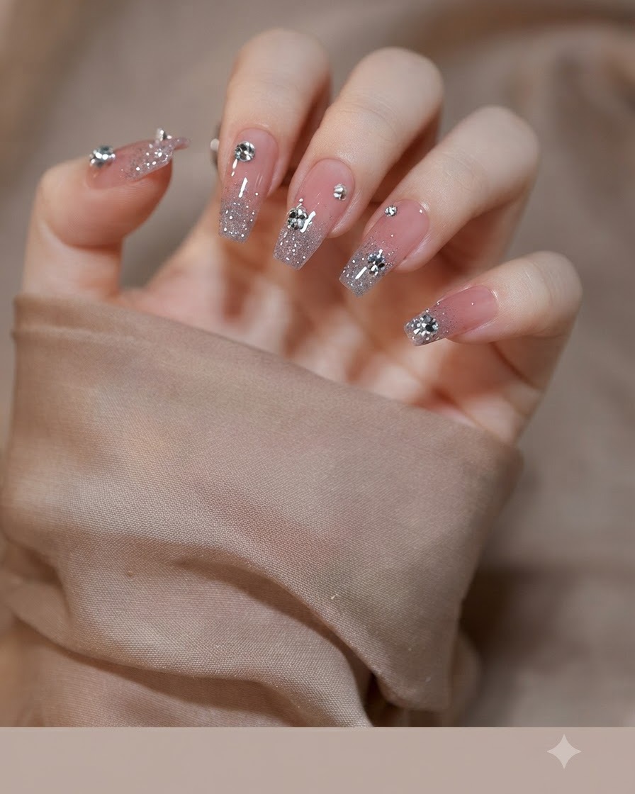 A macro shot of square nails displaying a soft pink blush center surrounded by fading silver glitter.