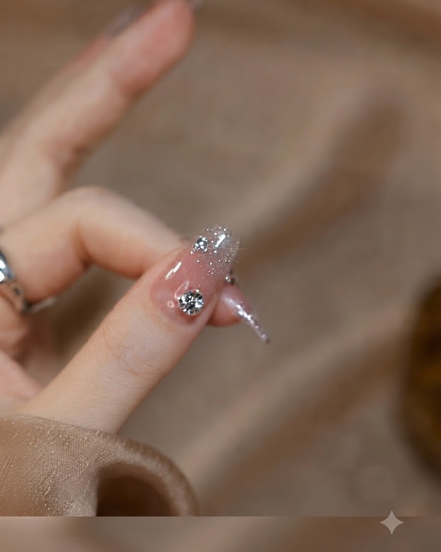 Macro shot of a thumb nail featuring a large center rhinestone accompanied by micro-crystals over a gradient glitter base.