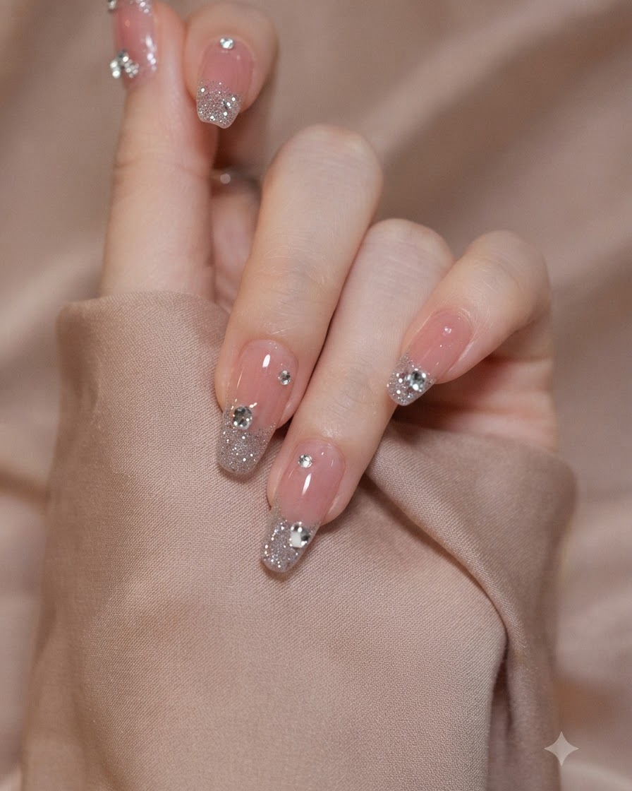 A hand in a soft, elegant pose against a neutral beige fabric backdrop displaying the detailed nail design.