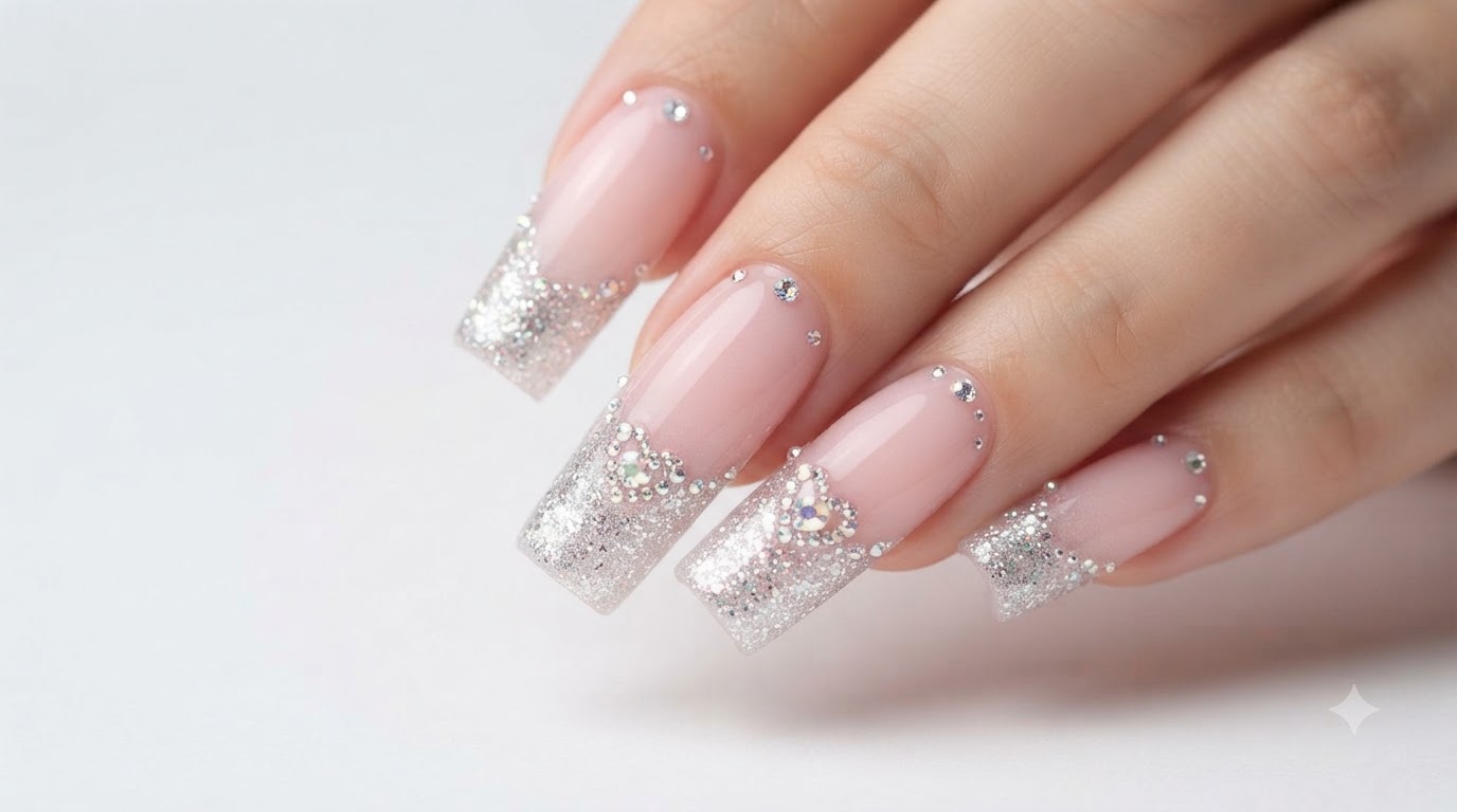Sparkling Blush Gradient Gel Nails with Rhinestone Embellishments