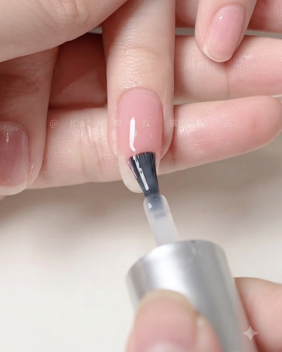 A hand positioned under a nail lamp curing the applied matte top coat layer.