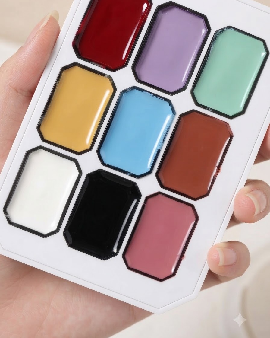 A close-up of a multi-color pigment palette with a fine brush dipping into the color blocks.