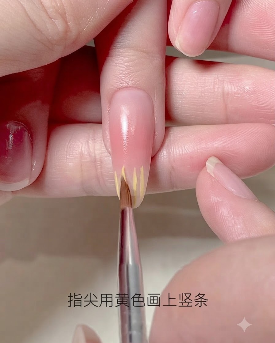 A fine liner brush drawing thin vertical yellow lines on the tip of an elongated nail.