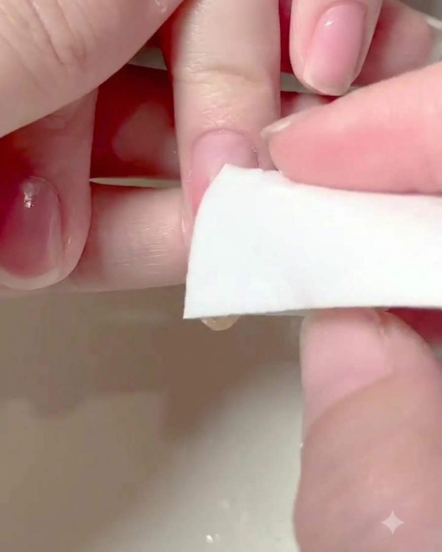 A clean sponge dabbing over the yellow painted lines at the nail tip to create an ombre effect.