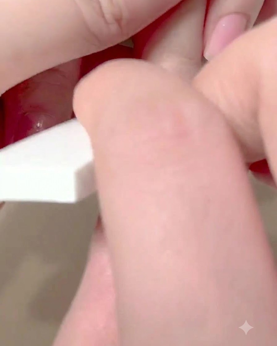 A sponge tool performing a second round of dabbing on the nail tip to perfect the color transition.