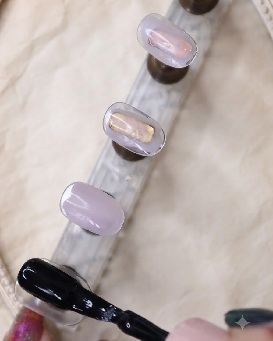 A black gel polish brush applying a smooth coat over a black nail on a display stand.