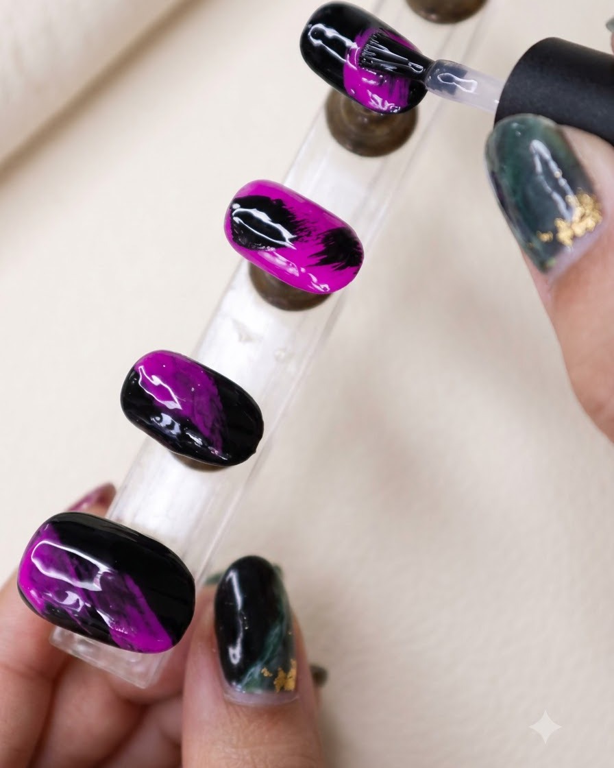 Nails being cured under a UV or LED lamp with a finished set of textured black and purple nails nearby.