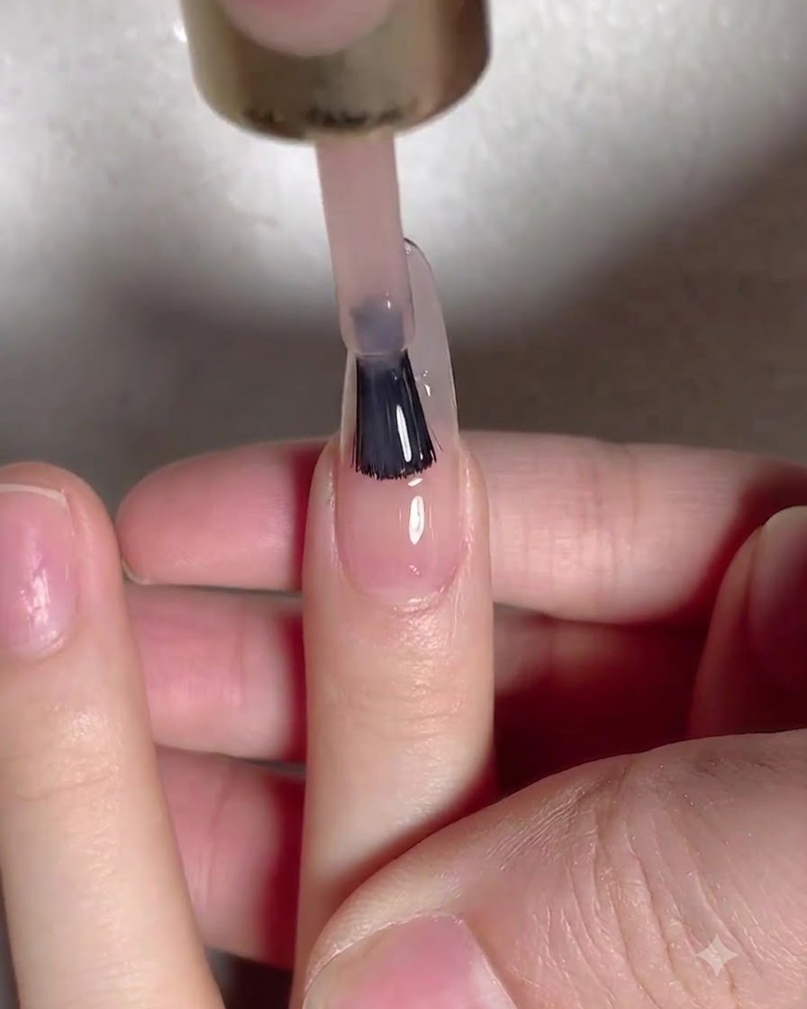 A fingernail positioned under a UV lamp to cure the applied base coat layer.