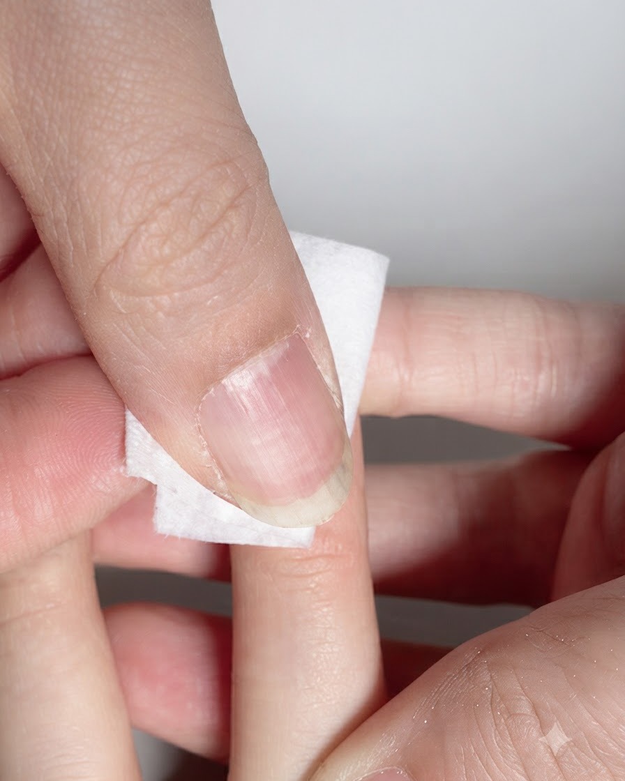 A lint-free wipe cleaning the surface of a cured fingernail.