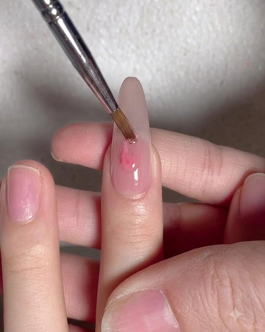 A fine detailing brush applying a drop of pink gel polish to the center of the nail.