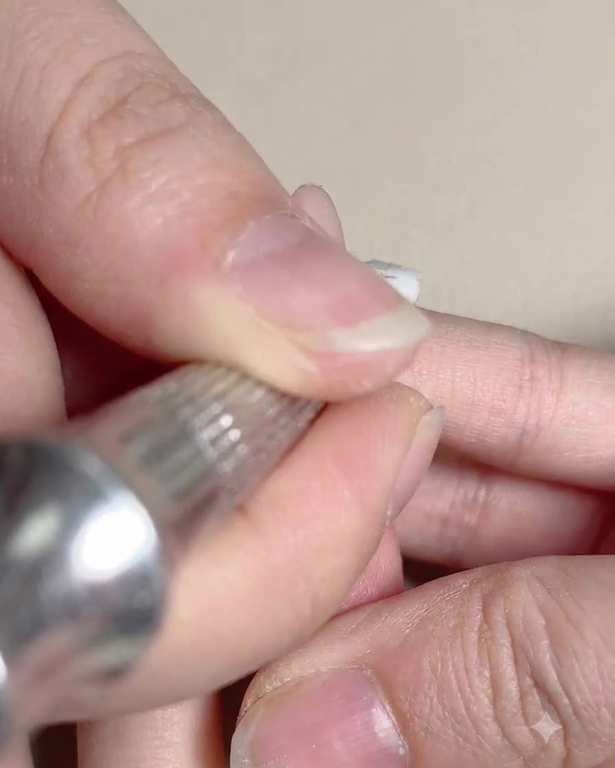A small sponge applicator dabbing pink gel polish on a nail to create a gradient effect.