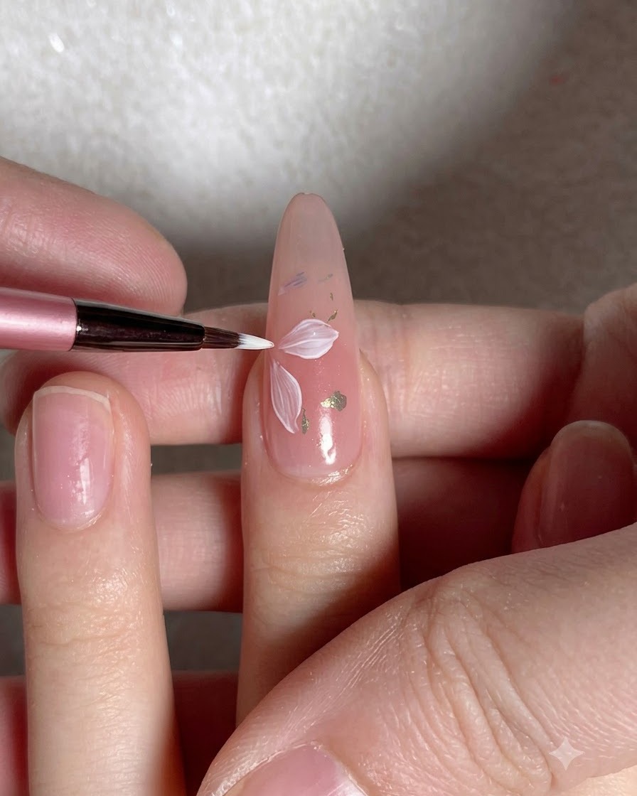 A hand with painted white flower petals on the nail positioned for curing under a UV lamp.