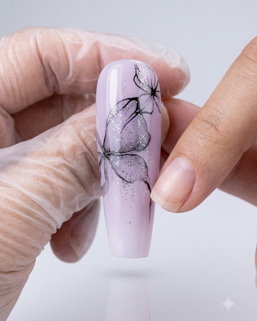 A gloved hand holding a purple ombre nail tip decorated with fine black butterfly wing lines and glitter.