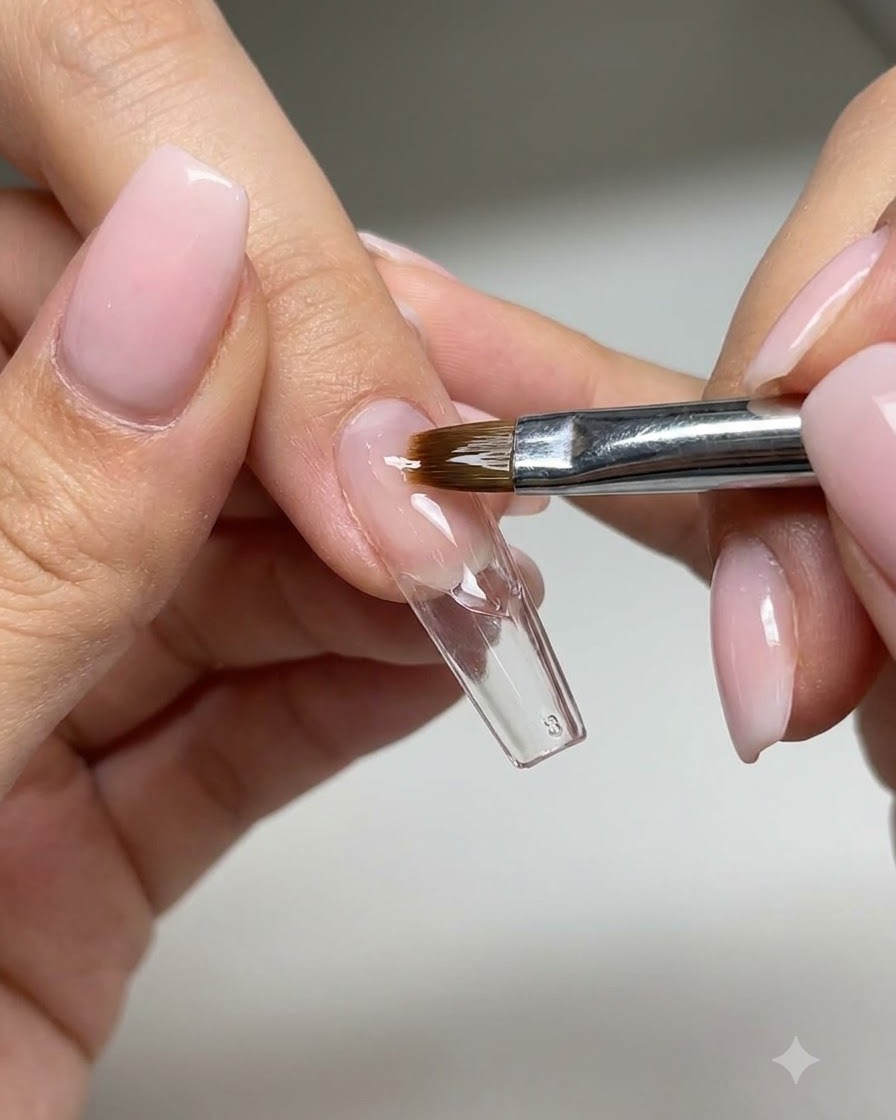 A nail brush applying white gel to paint fluid ribbon waves on a clear practice nail tip.