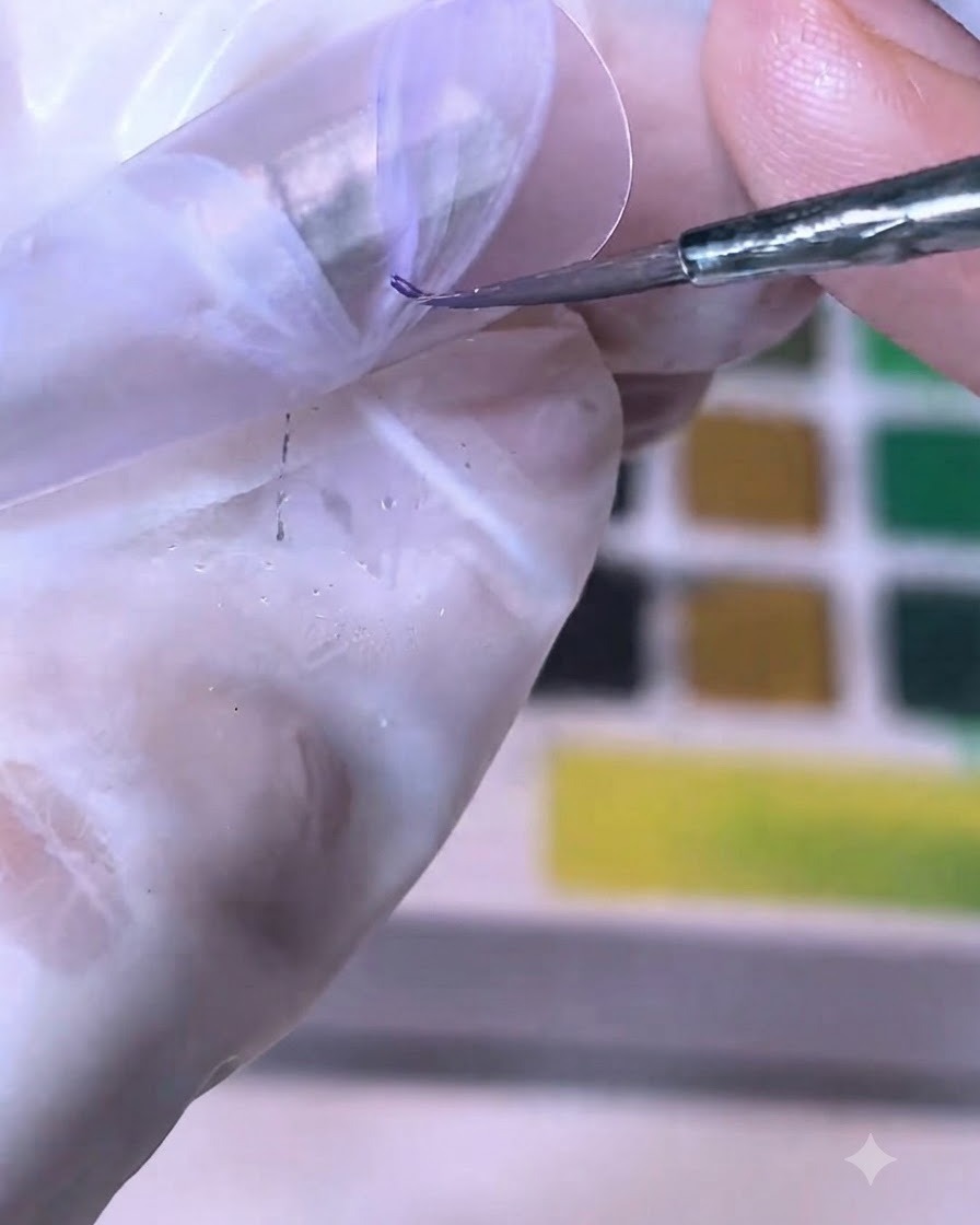 A fine brush applying purple watercolor paint onto a white ribbon design on a nail tip.