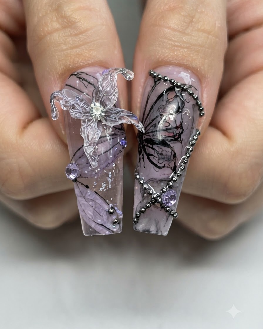 A close-up view of a clear release sheet with a hand-drawn 3D butterfly outline made of clear gel.