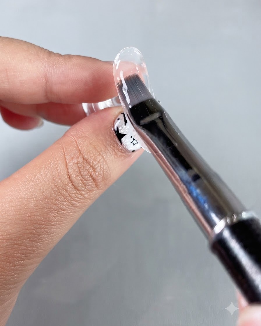 A gel brush evenly spreading a coat of clear resin base gel onto the surface of a practice nail.