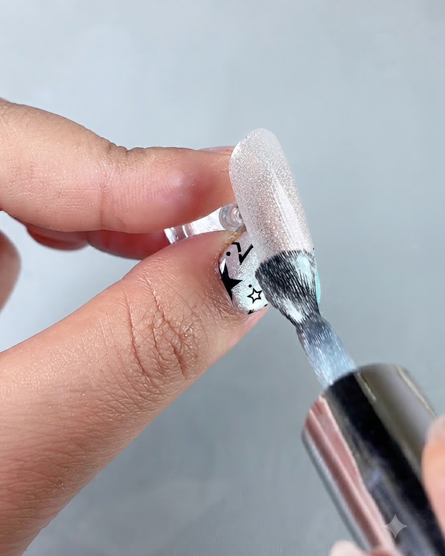A brush applying sparkling water cat eye gel evenly over the prepared nail surface.