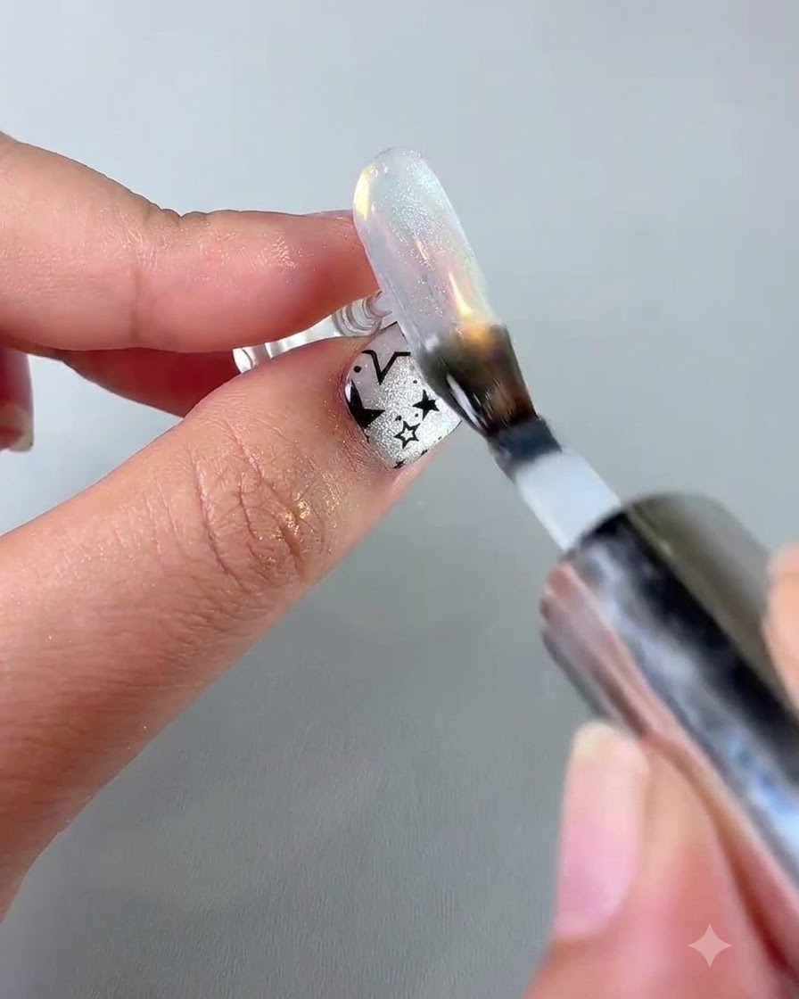 A nail brush applying a final glossy top coat layer over a finished aurora bubble cat eye nail.