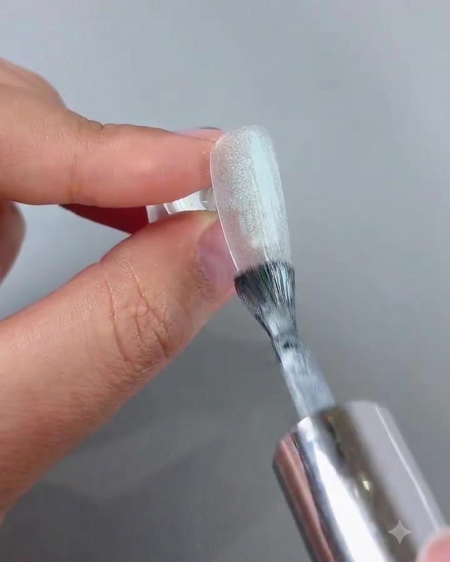 A magnetic wand held near a glossy cat-eye gel nail to form a glowing spherical light effect.