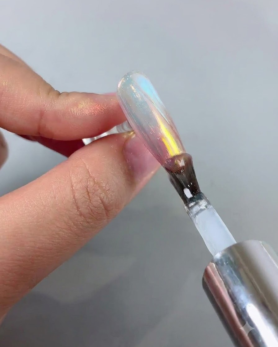 A nail brush applying a clear top coat over a nail with a pink-to-blue aurora chrome finish.