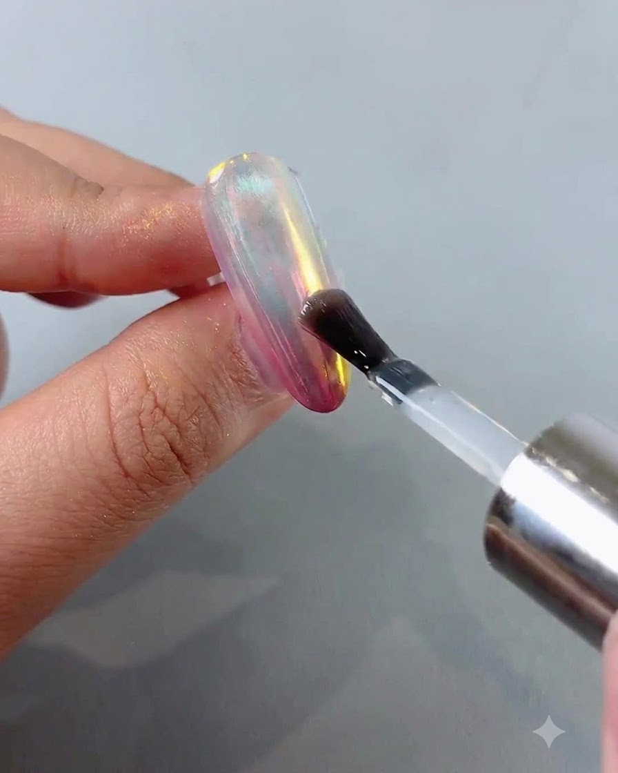 A brush applying a glossy top coat layer over an aurora chrome nail surface.
