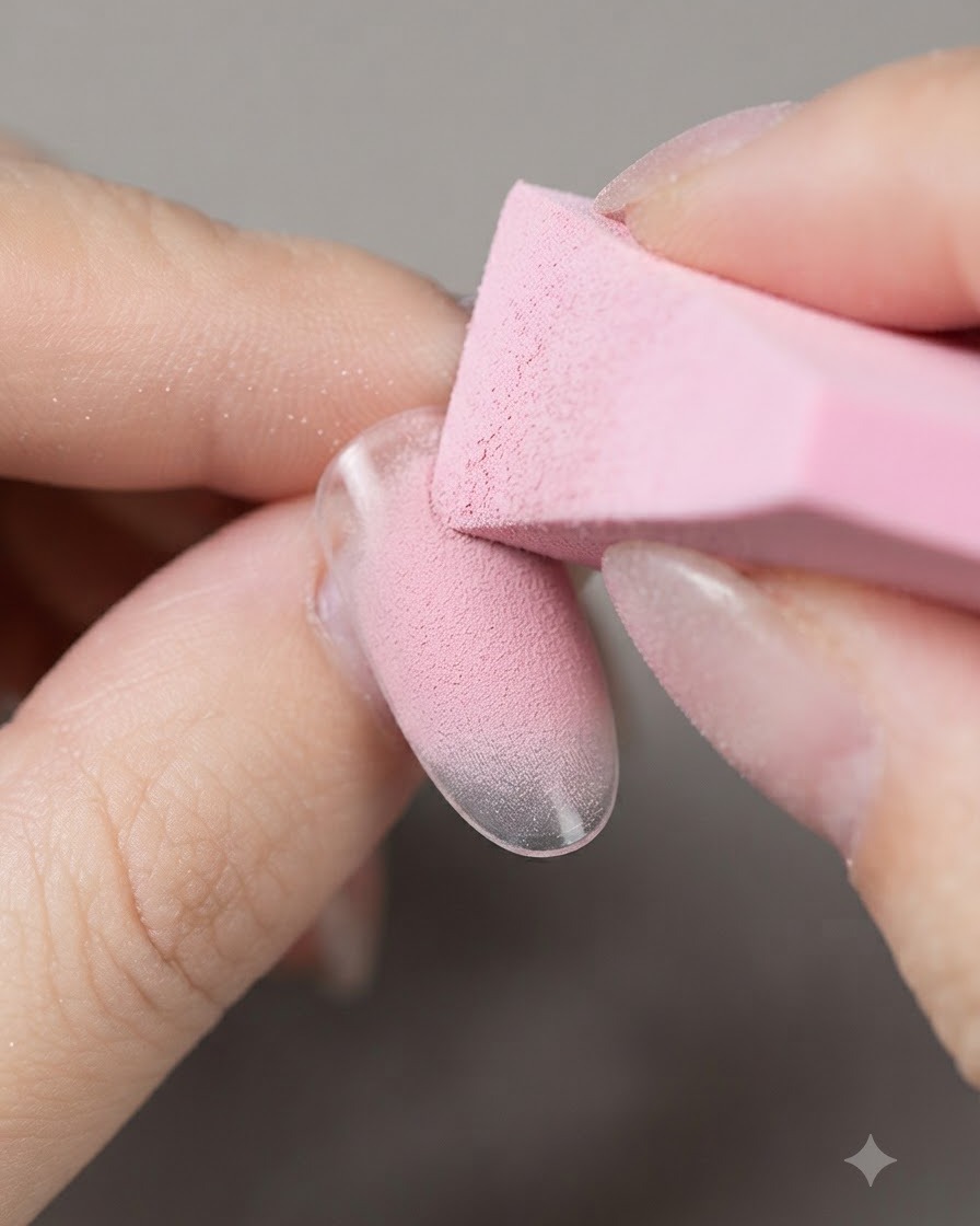A brush applying soft nude pink blush gel to the center of a practice nail tip.