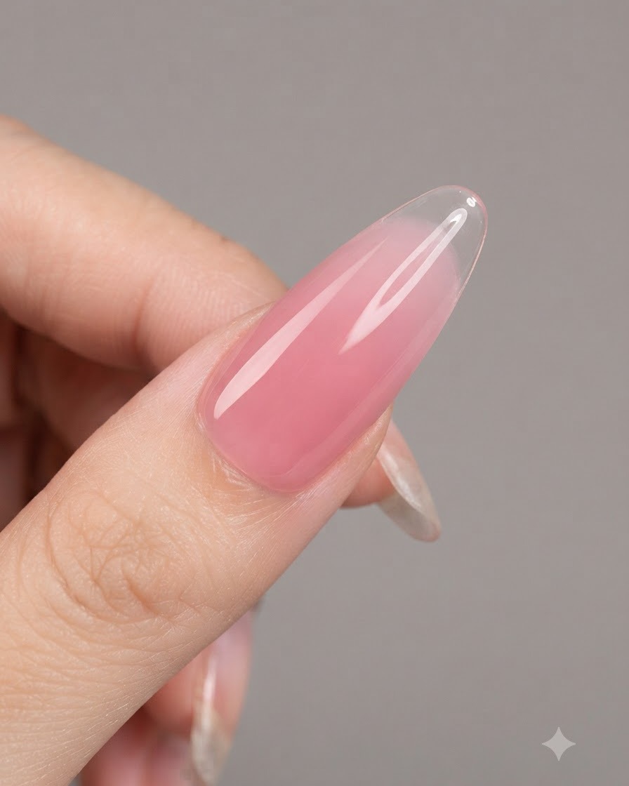 Nails curing under a UV/LED lamp after the sheer nude gel application.