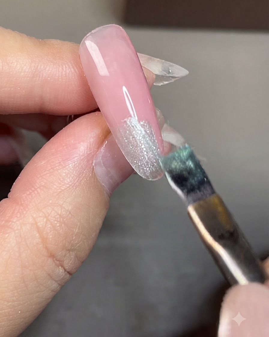 A brush applying blue cat-eye gel polish to the tip of a nail.