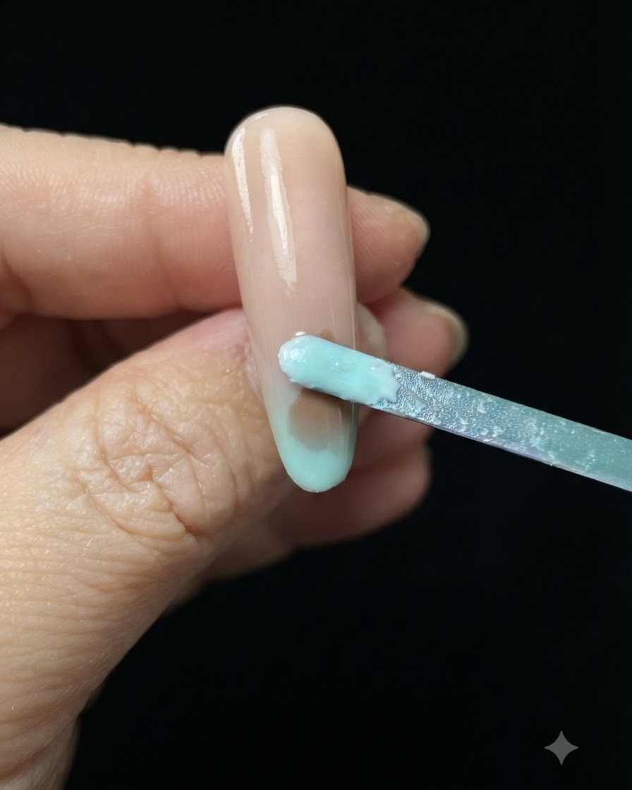 A makeup sponge dabbing light blue and green gel polish onto the tip of a nude nail.