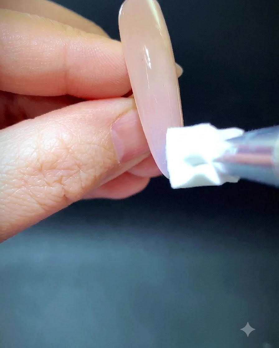 A sponge dabbing blue and green pigment upward onto a nude nail extension.