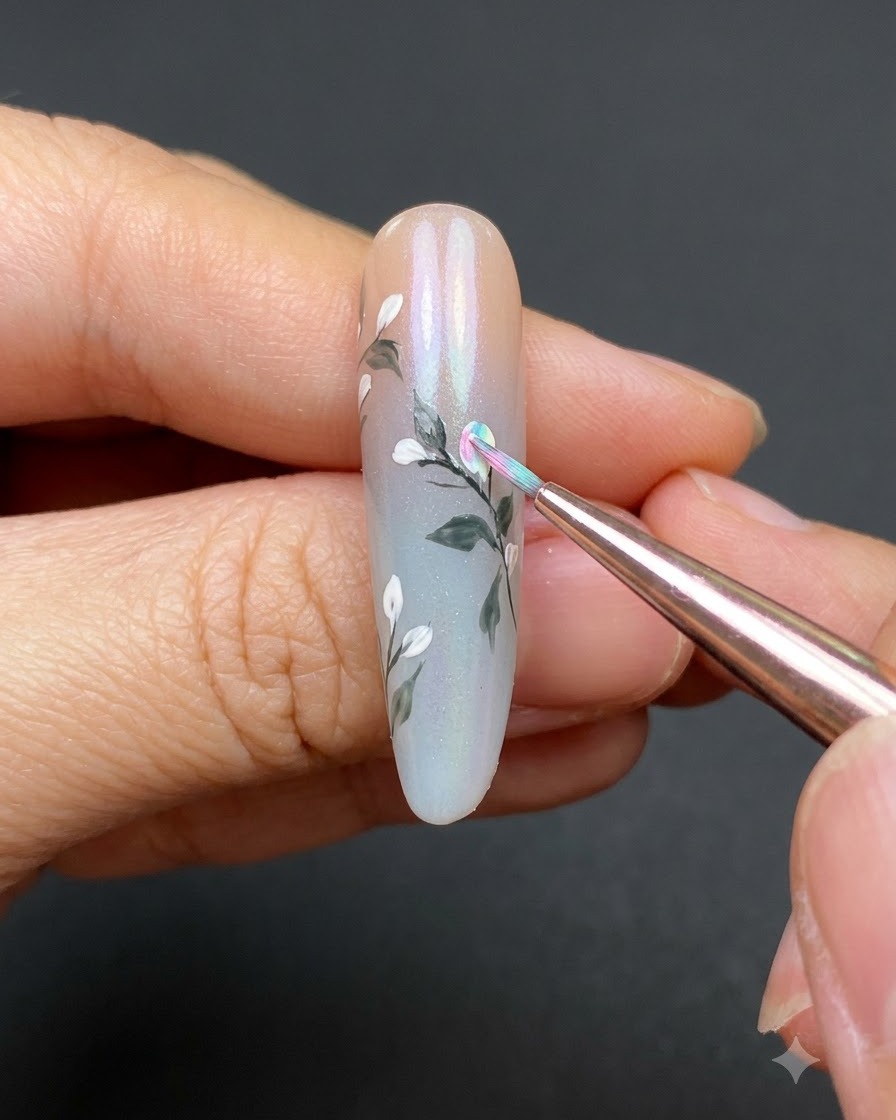 A fine brush filling the center of a white flower bud with pink gel on a gradient nail.