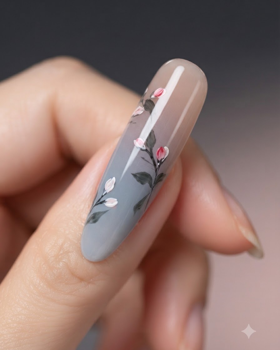 A close-up view of a nail art design showing thin dark outlines around the painted flower buds.