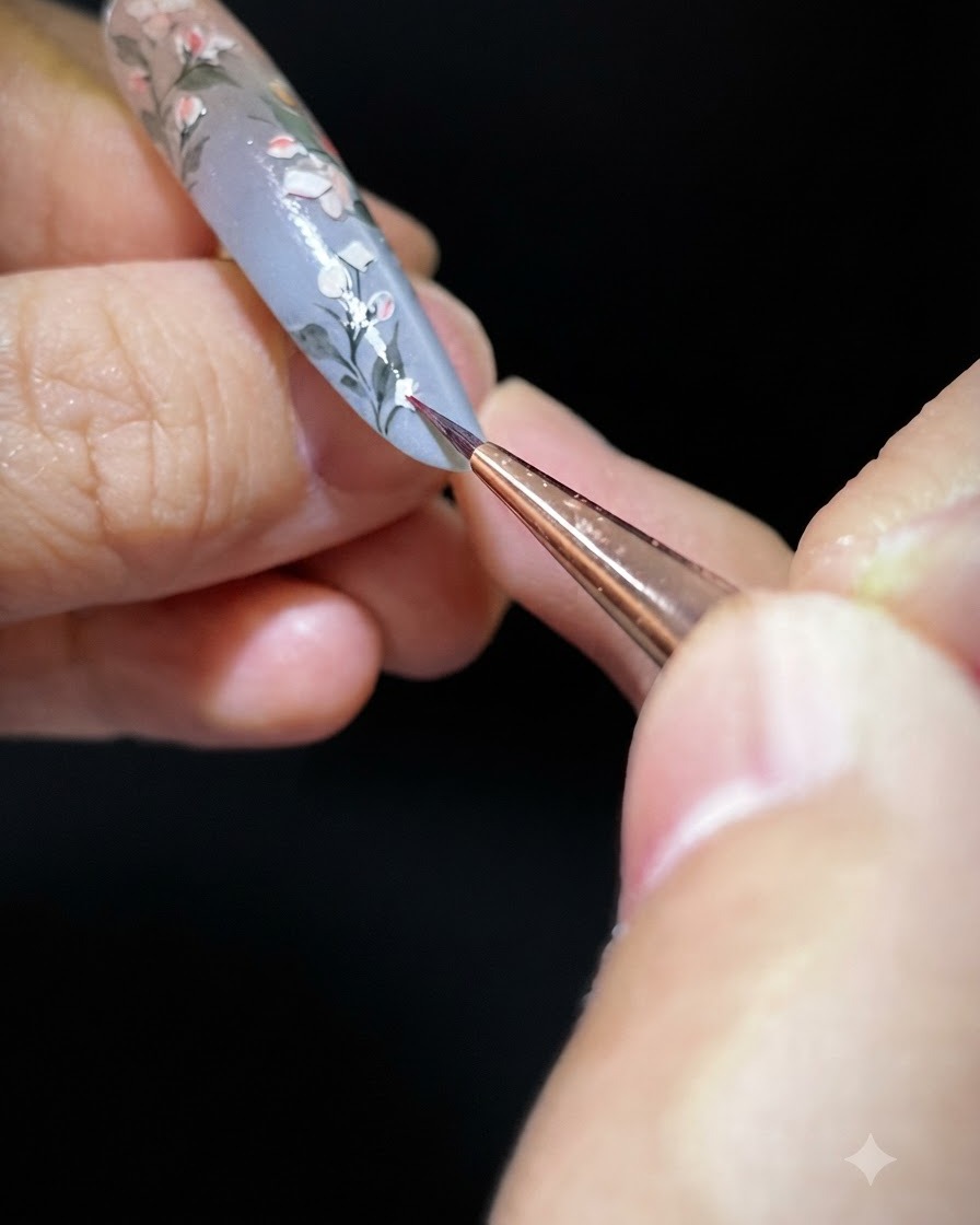 A brush coating the entire nail surface with clear builder gel to seal the nail art.