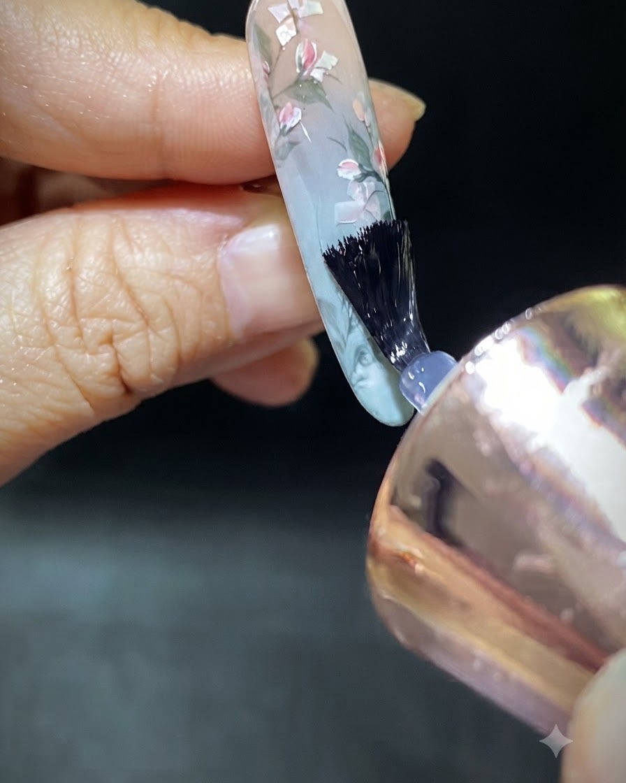 A nail buffer smoothing the surface of a finished shell nail design.